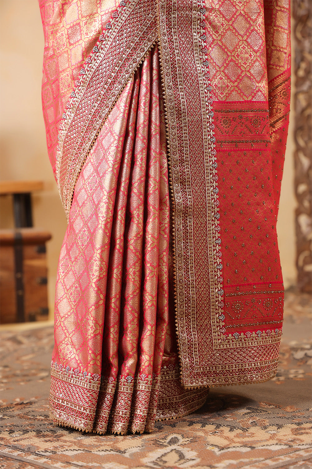 Cherry Red & Gold Color Woven Saree