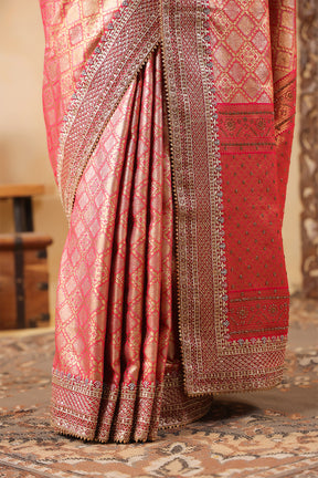 Cherry Red & Gold Color Woven Saree