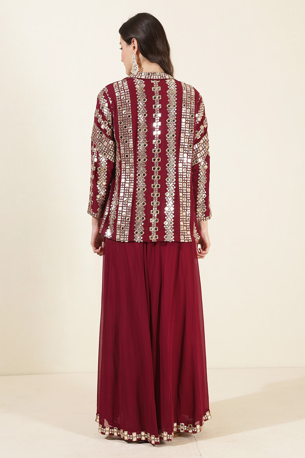 Wine Color Georgette Mirror Work Crop-Top with Jacket and Palazzo