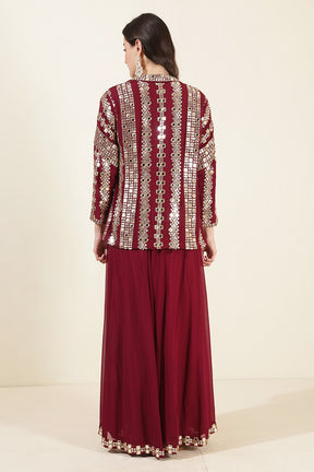 Wine Color Georgette Mirror Work Crop-Top with Jacket and Palazzo