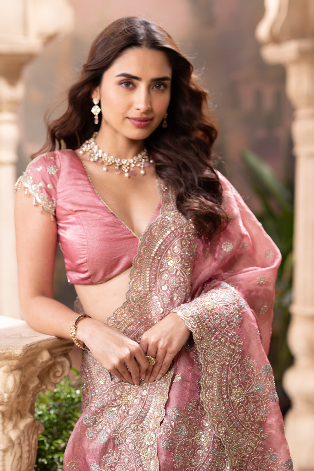 Dusty Pink Metallic Tissue Embroidered Saree