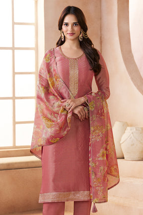 Dusty Peach Metallic Tissue Zari Woven Unstitched Suit Material