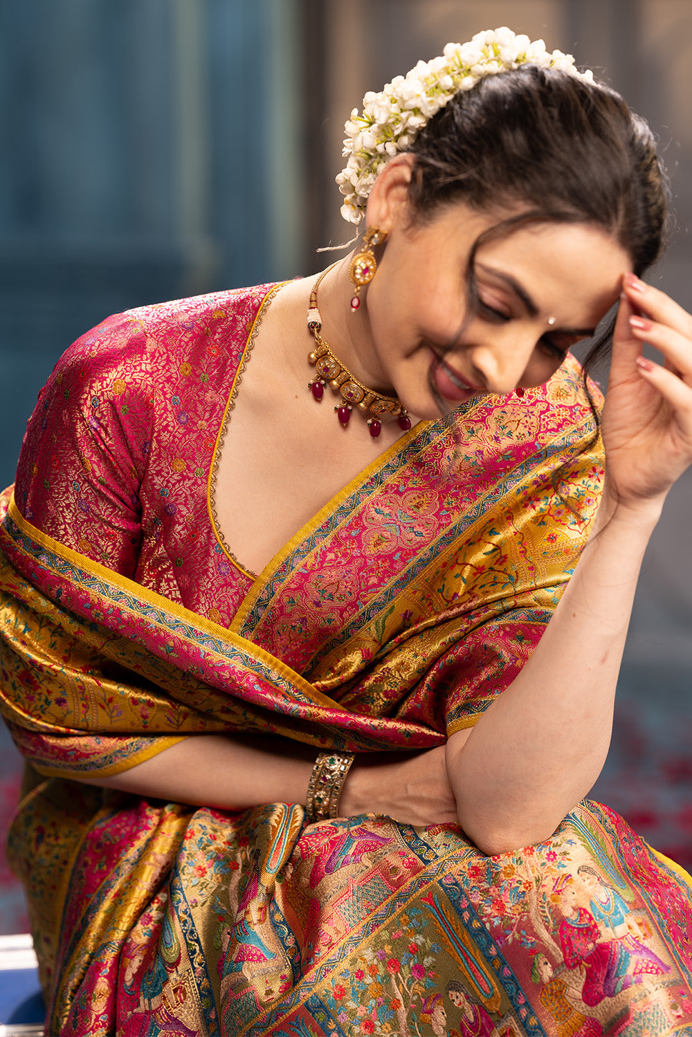 Mustard Position Print Woven Silk Saree