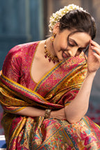 Mustard Position Print Woven Silk Saree