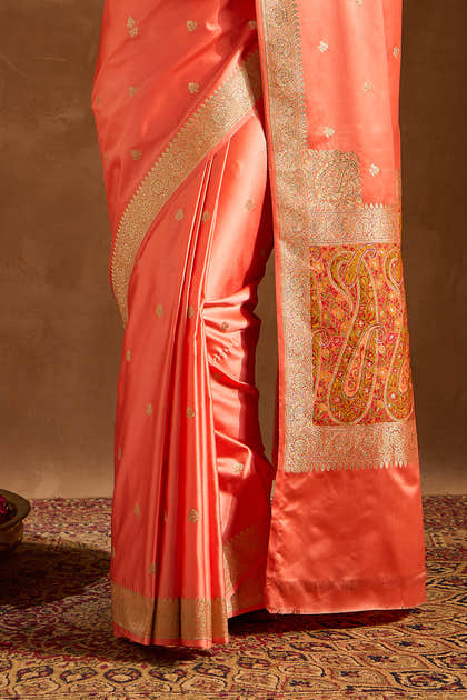 Peach Satin Banarasi Silk Woven Saree