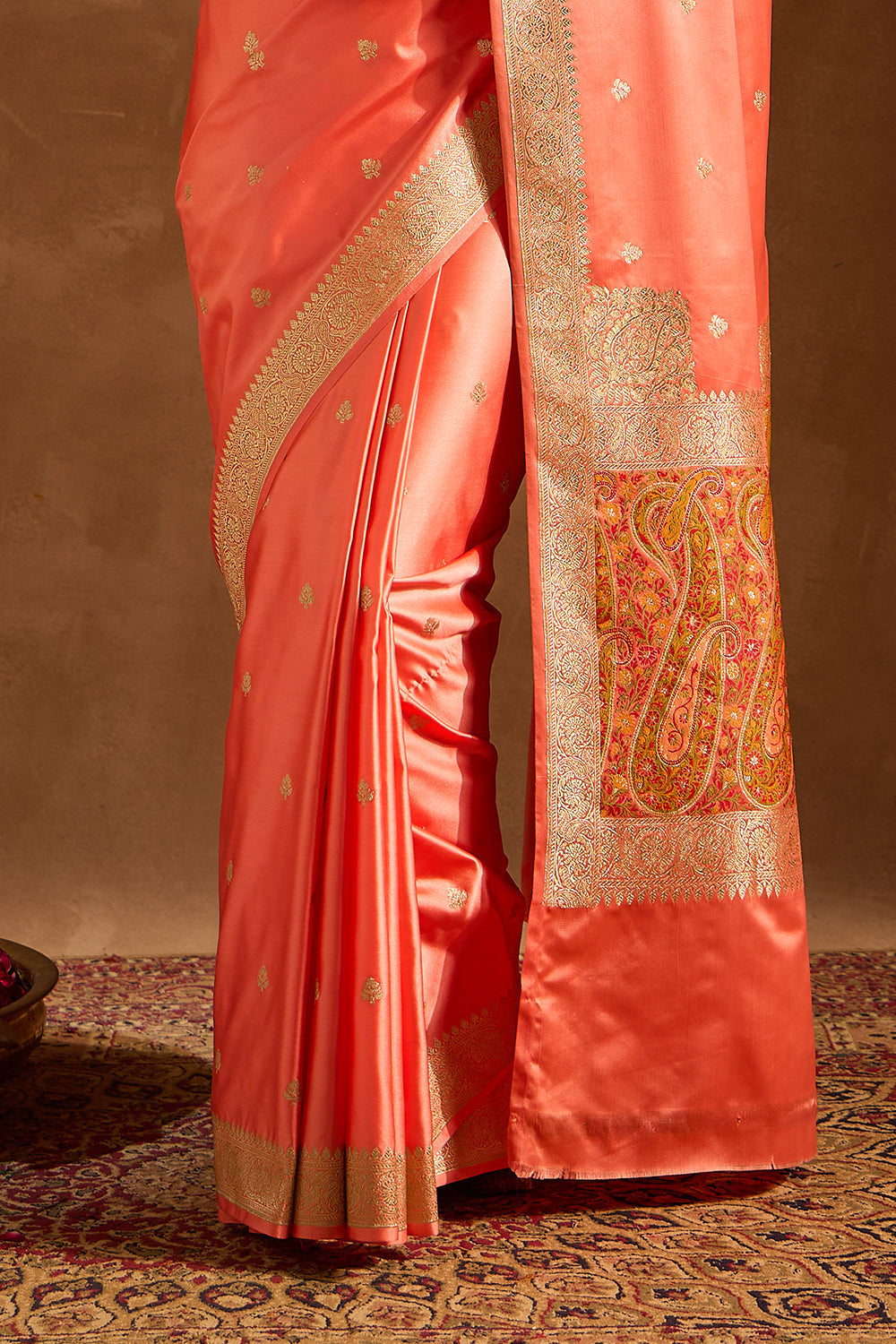 Peach Satin Banarasi Silk Woven Saree