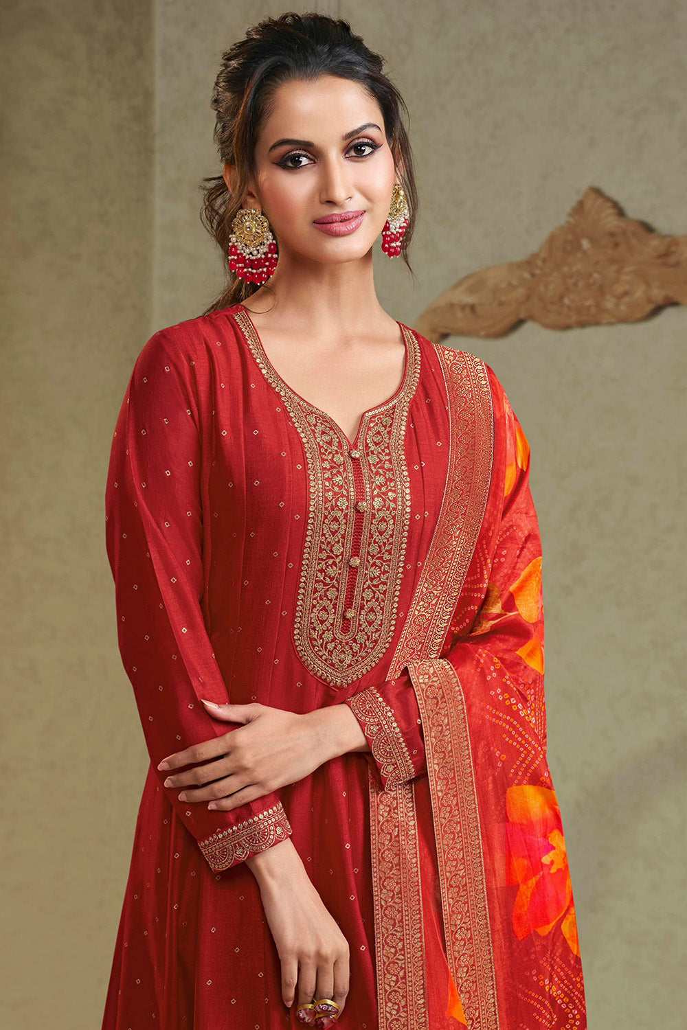 Red Color Silk Embroidered Anarkali Kurta Set