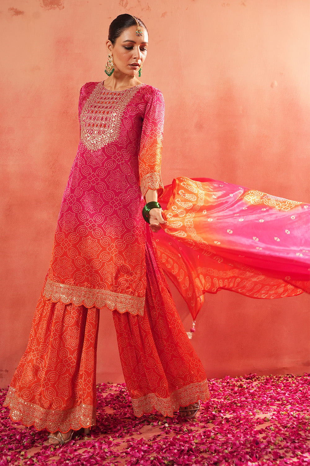 Fuchsia Pink Crepe Silk Bandhani Printed Suit With Gharara