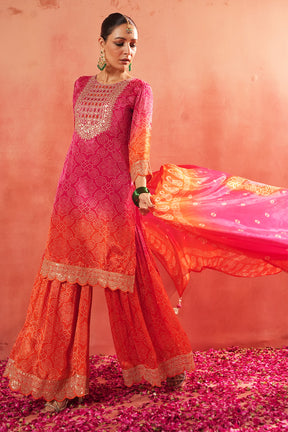 Fuchsia Pink Crepe Silk Bandhani Printed Suit With Gharara