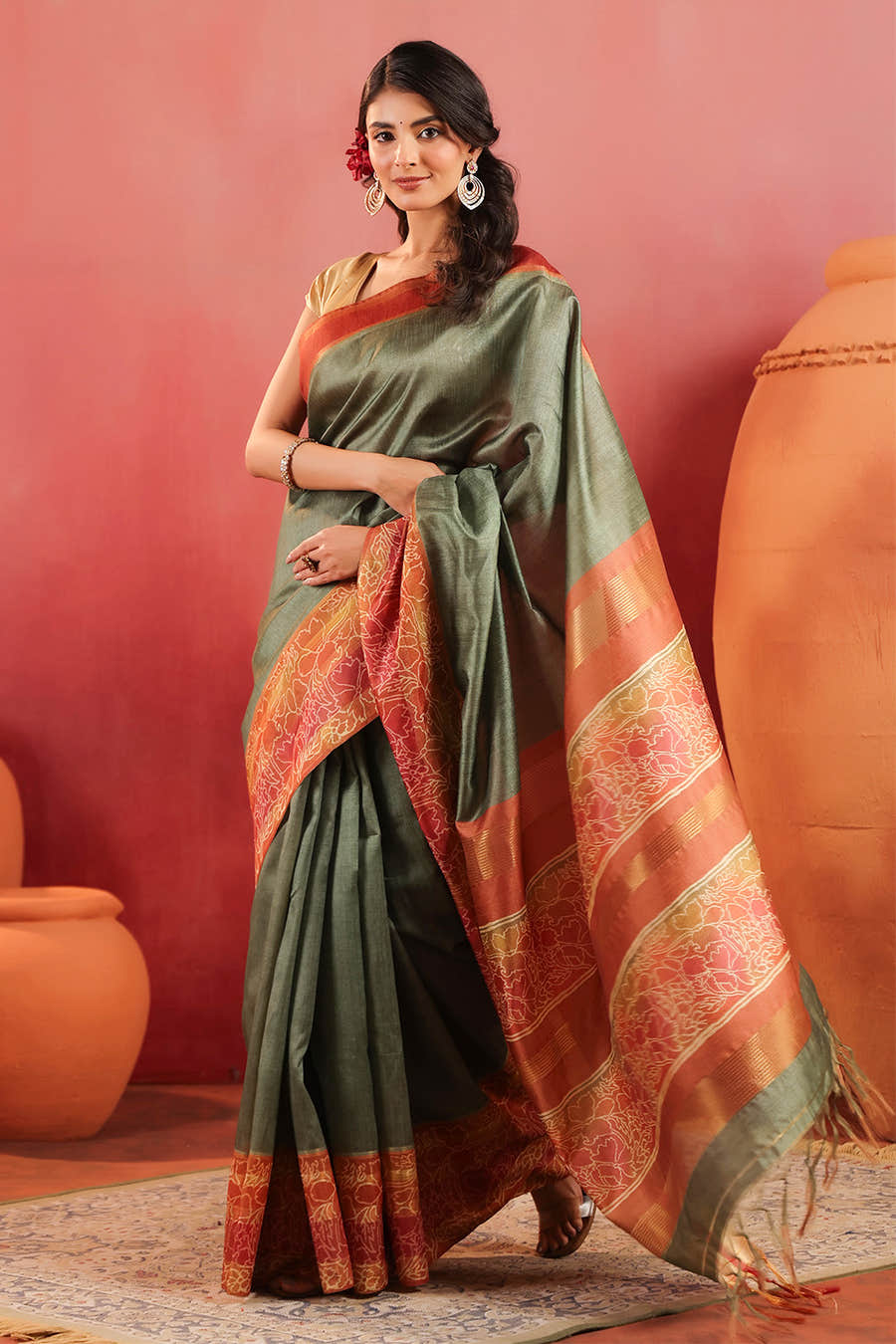 Sage Green Tussar Silk Floral Printed and Zari Woven Saree
