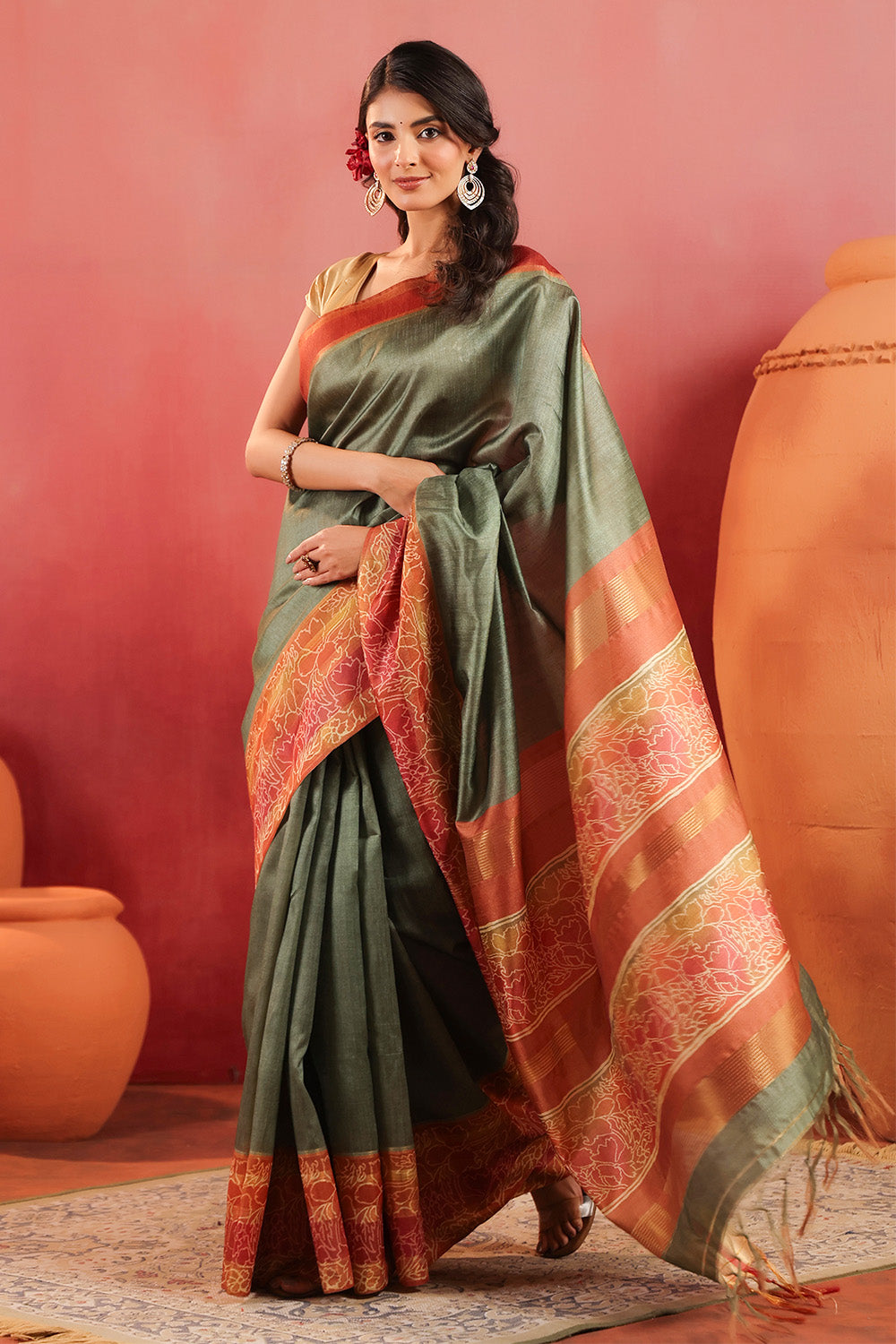 Sage Green Tussar Silk Floral Printed and Zari Woven Saree