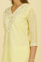 Pale Yellow Cotton Hacoba Style Neck-Embroidered Kurta Set