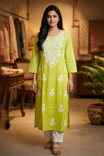 Ombre Green Resham Embroidered Rayon Cotton Kurta