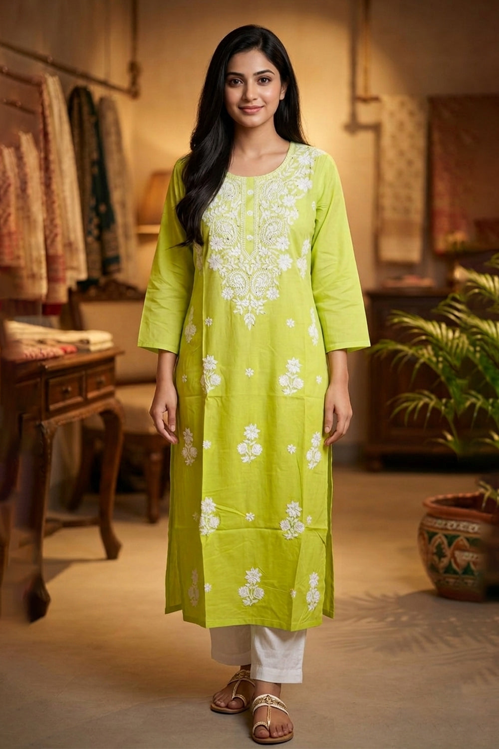 Ombre Green Resham Embroidered Rayon Cotton Kurta