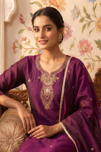 Wine Neck-Embroidered Silk Straight Suit