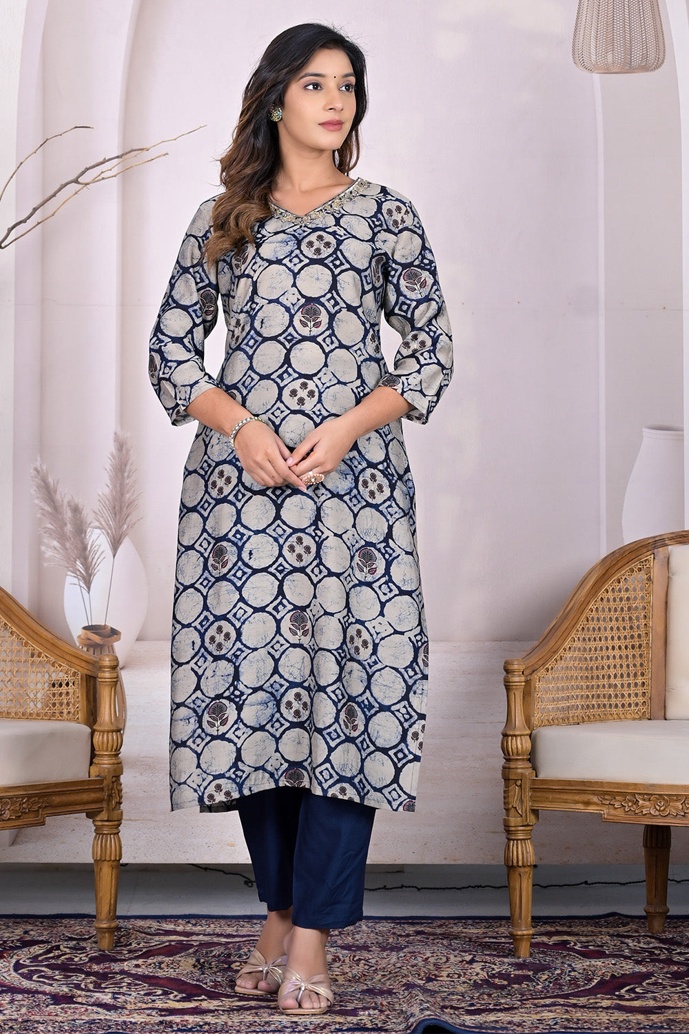 Beige & Navy Color Neck Embroidered Printed Muslin Suit