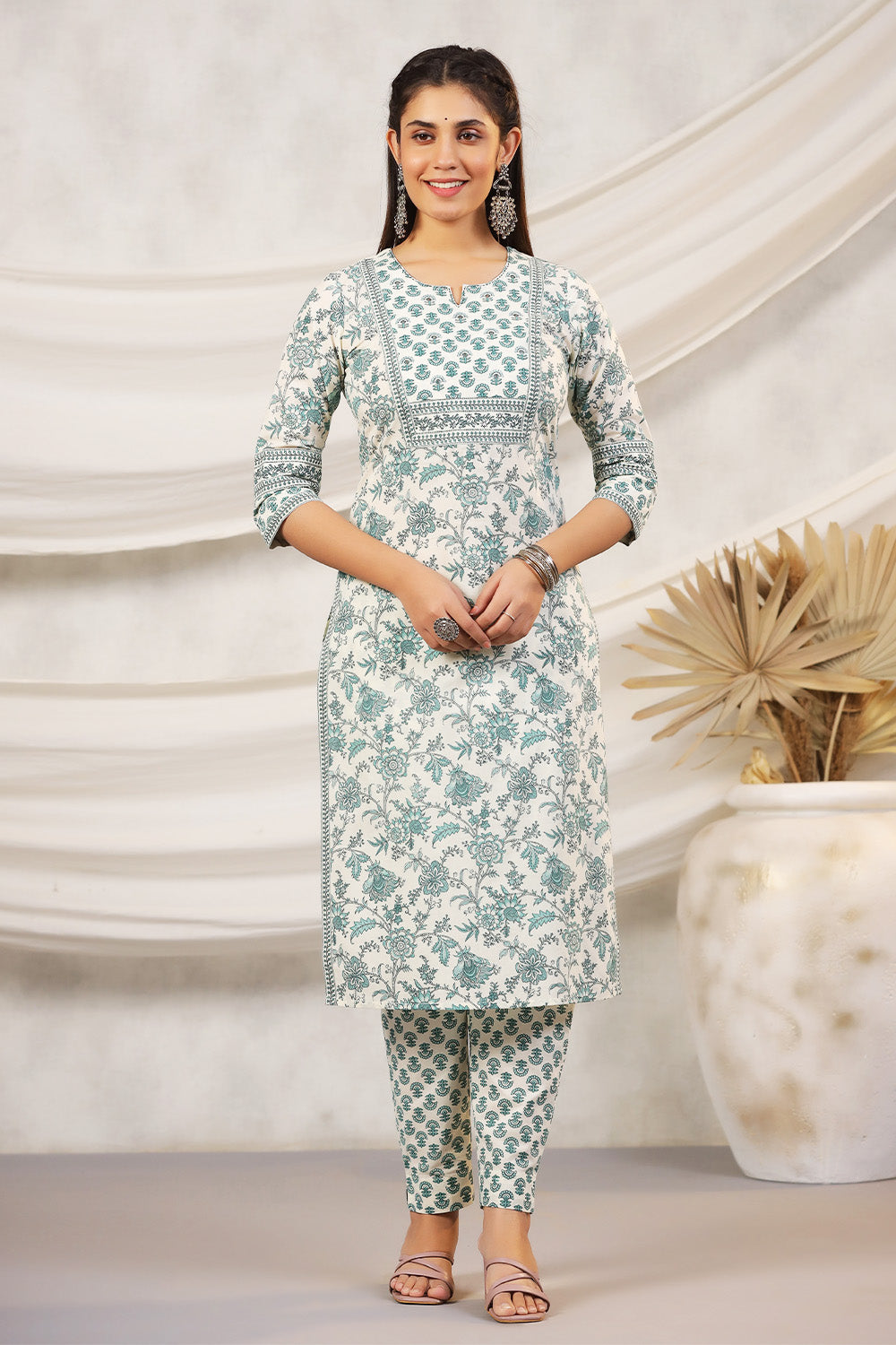 Cream & Green Color Floral Printed Cotton Straight Suit