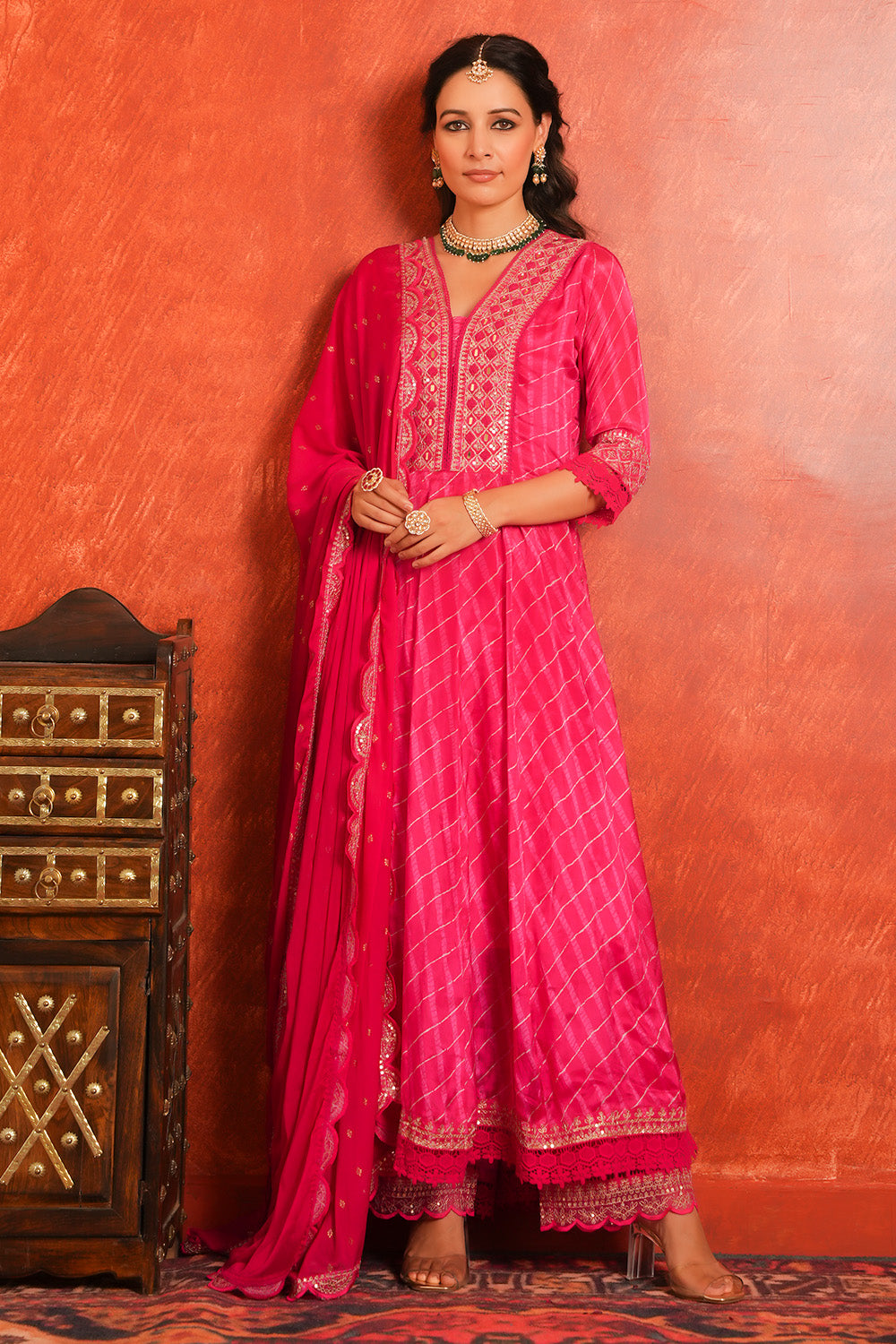 Red Color Printed & Embroidered Silk Anarkali Suit