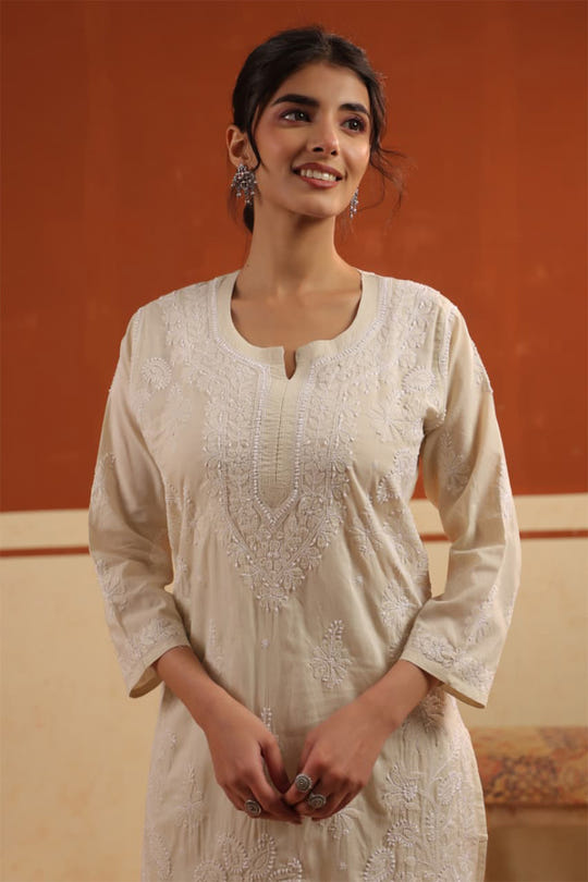 Beige Resham Embroidered Kurta