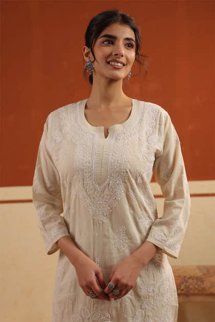 Beige Resham Embroidered Kurta