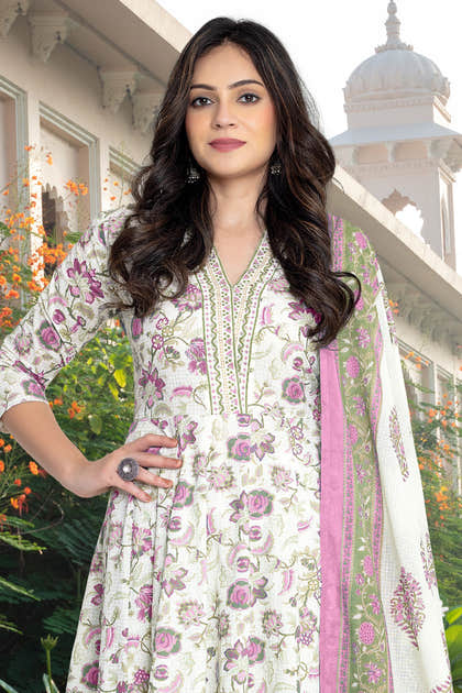 Cream & Pink Cotton Floral Printed Floor Lenght Anarkali Suit