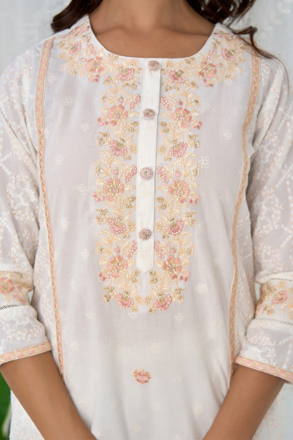 Cream Color Cotton Resham Embroidered Straight Suit