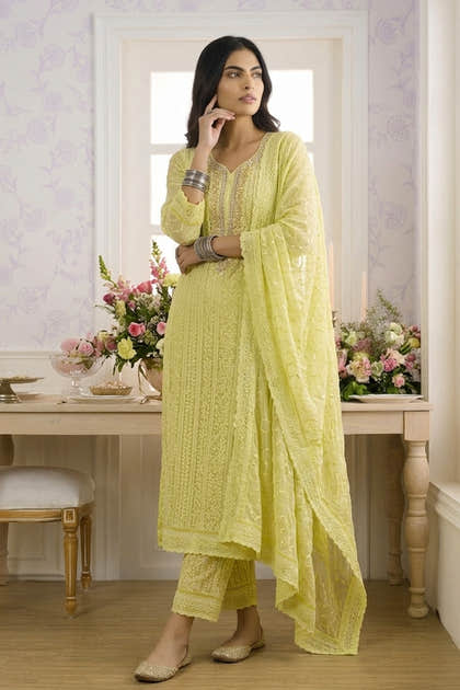 Lemon Yellow Georgette Chikankari Work Unstiched Suit