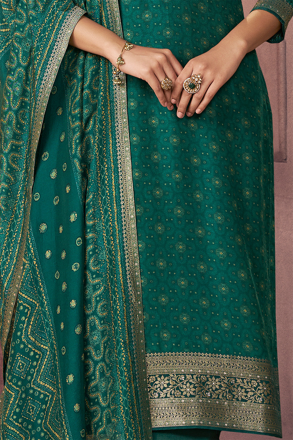 Teal Green Neck-Embroidered And Printed Suit Set
