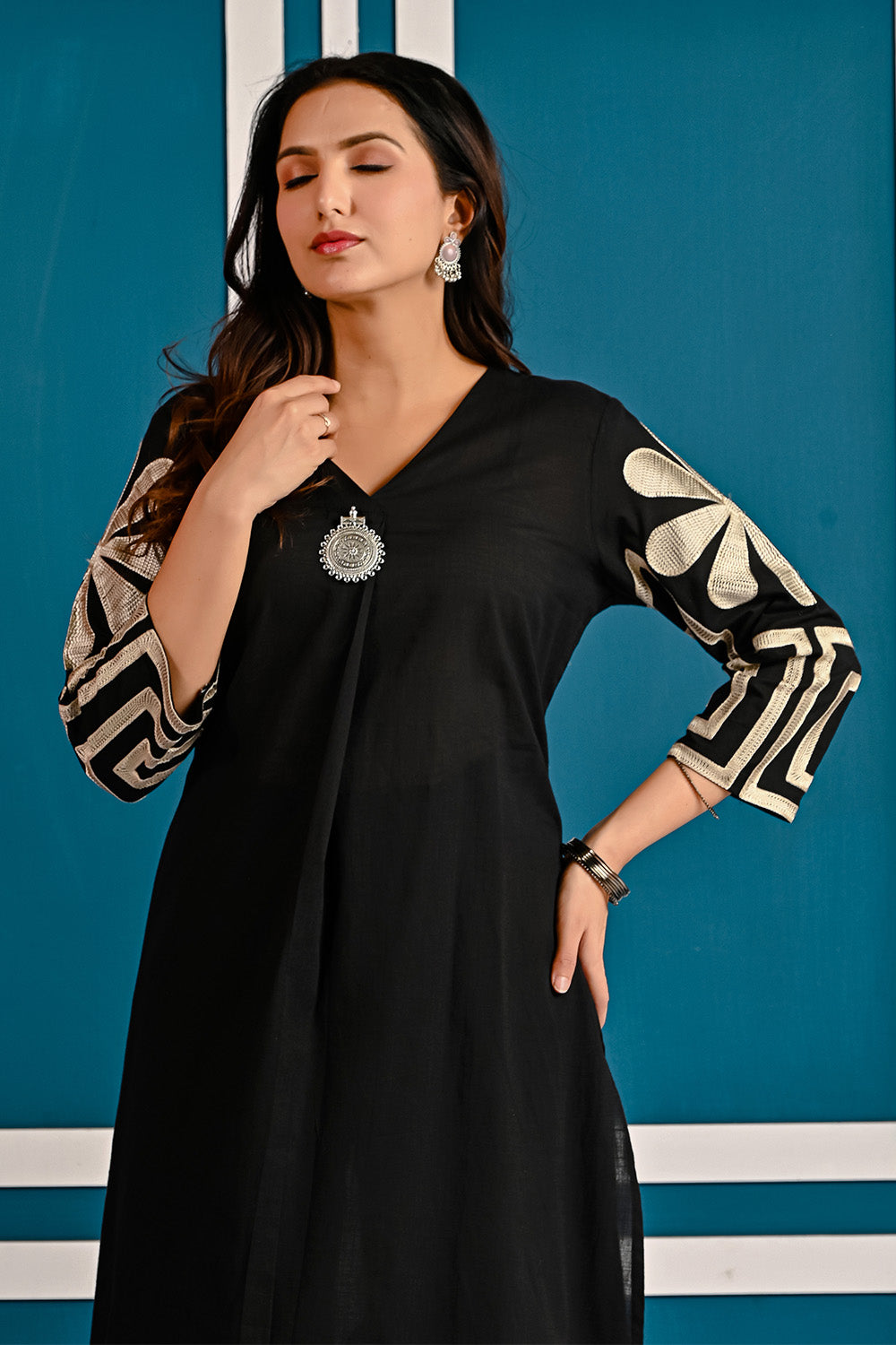 Black Floral Embroidered Cotton Kurta Set