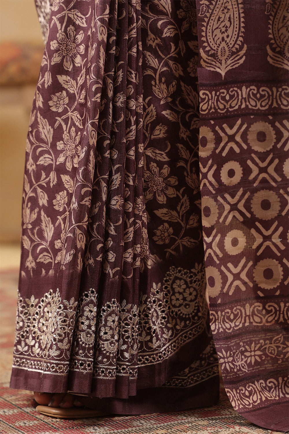 Brown Tussar Silk Printed Saree
