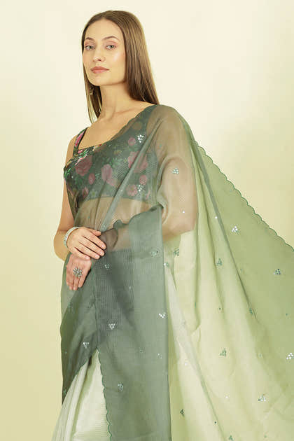 Ombre Sage Green Organza Saree With Mirror Work