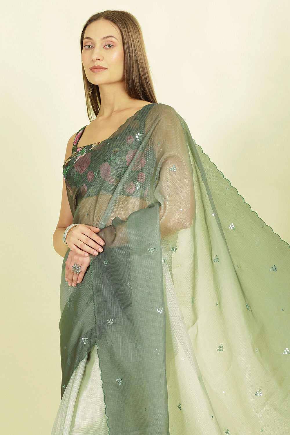 Ombre Sage Green Organza Saree With Mirror Work