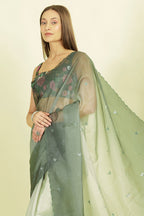 Ombre Sage Green Organza Saree With Mirror Work