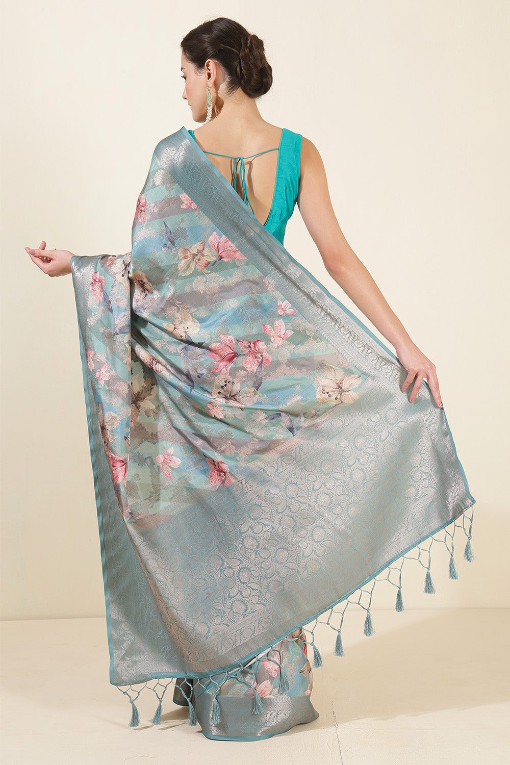 Sea Green Color Tussar Silk Woven and Floral Printed Saree