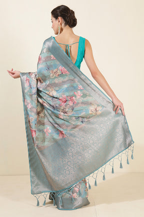 Sea Green Color Tussar Silk Woven and Floral Printed Saree