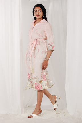 Light Peach Color Cotton Floral Printed Peonies Dress
