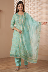 Teal Colour Muslin Printed Suit