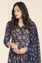 Navy Cotton Floral Printed Anarkali Suit Set