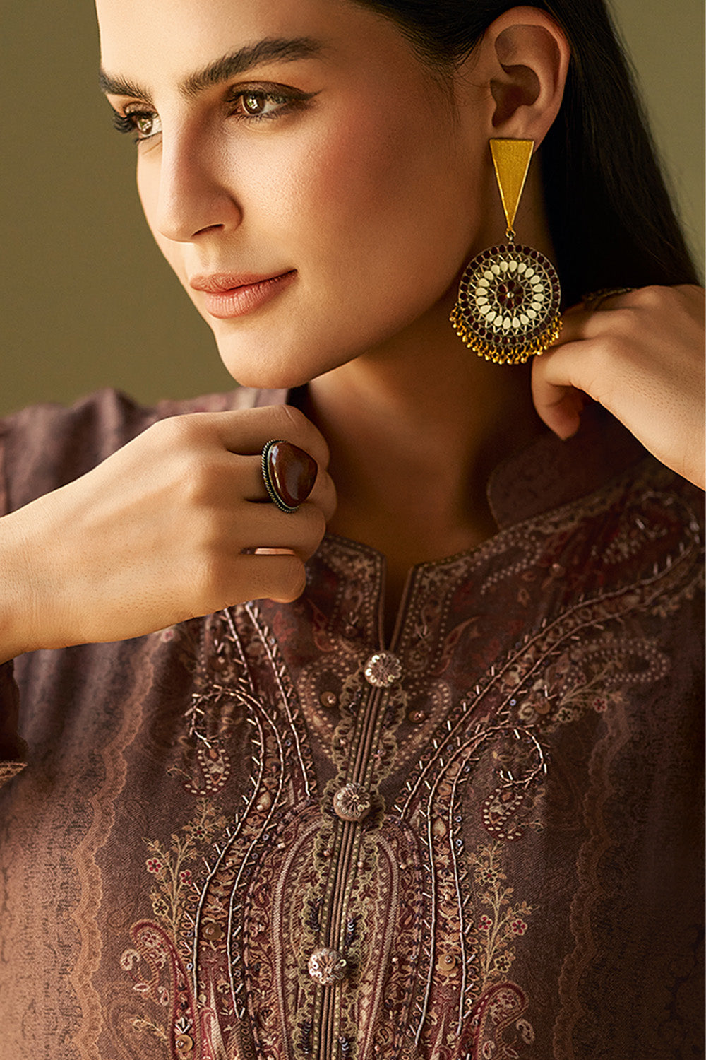 Brown Spun Printed Unstitched Suit Fabric