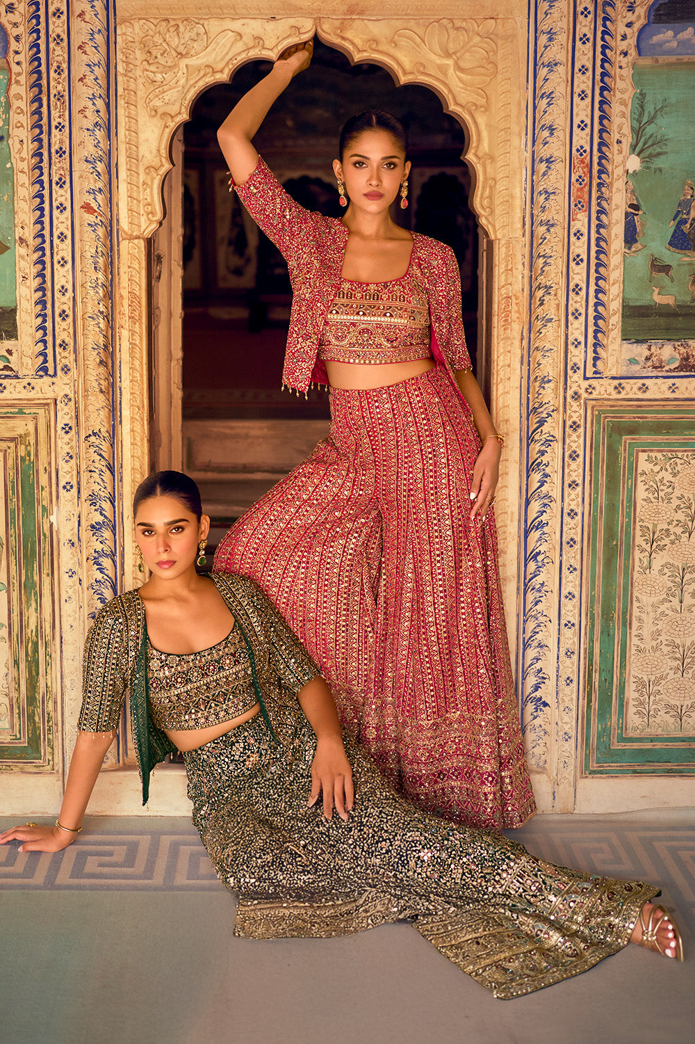 Green Embroidered Crop-Top Palazzo Indo-Western Dress With Embroidered Jacket