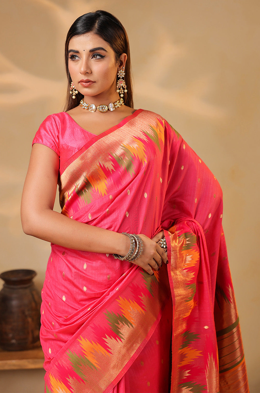 Strawberry Color Cotton Silk Woven Saree