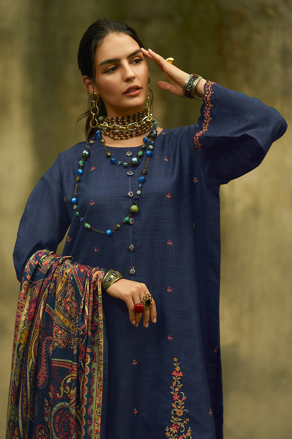 Navy Tussar Silk Resham Floral Embroidered Unstitched Suit Material