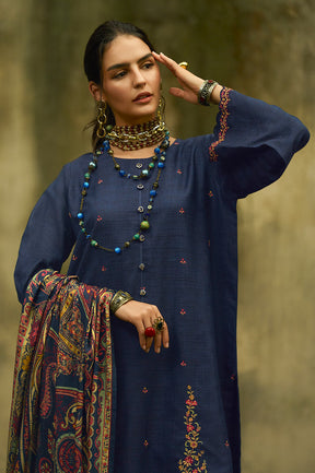 Navy Tussar Silk Resham Floral Embroidered Unstitched Suit Material