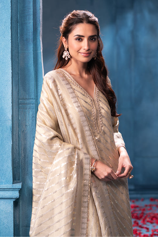 Cream Pure Metallic Tissue Sequins Embroidered Suit