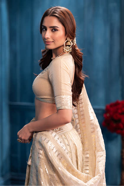 Cream Metallic Tissue Embroidered Lehanga