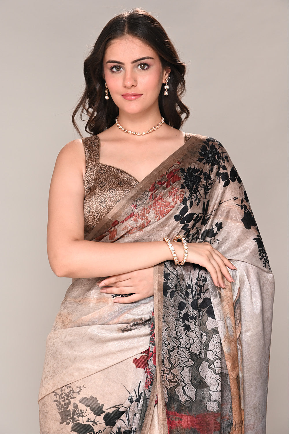 Beige Color Jacquard Silk Printed Saree