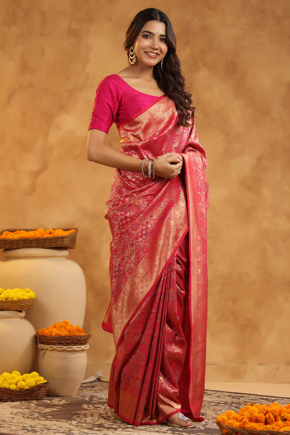 Fuchsia Color Zari Woven Saree