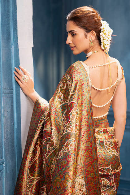 Beige Position Print Woven Silk Saree