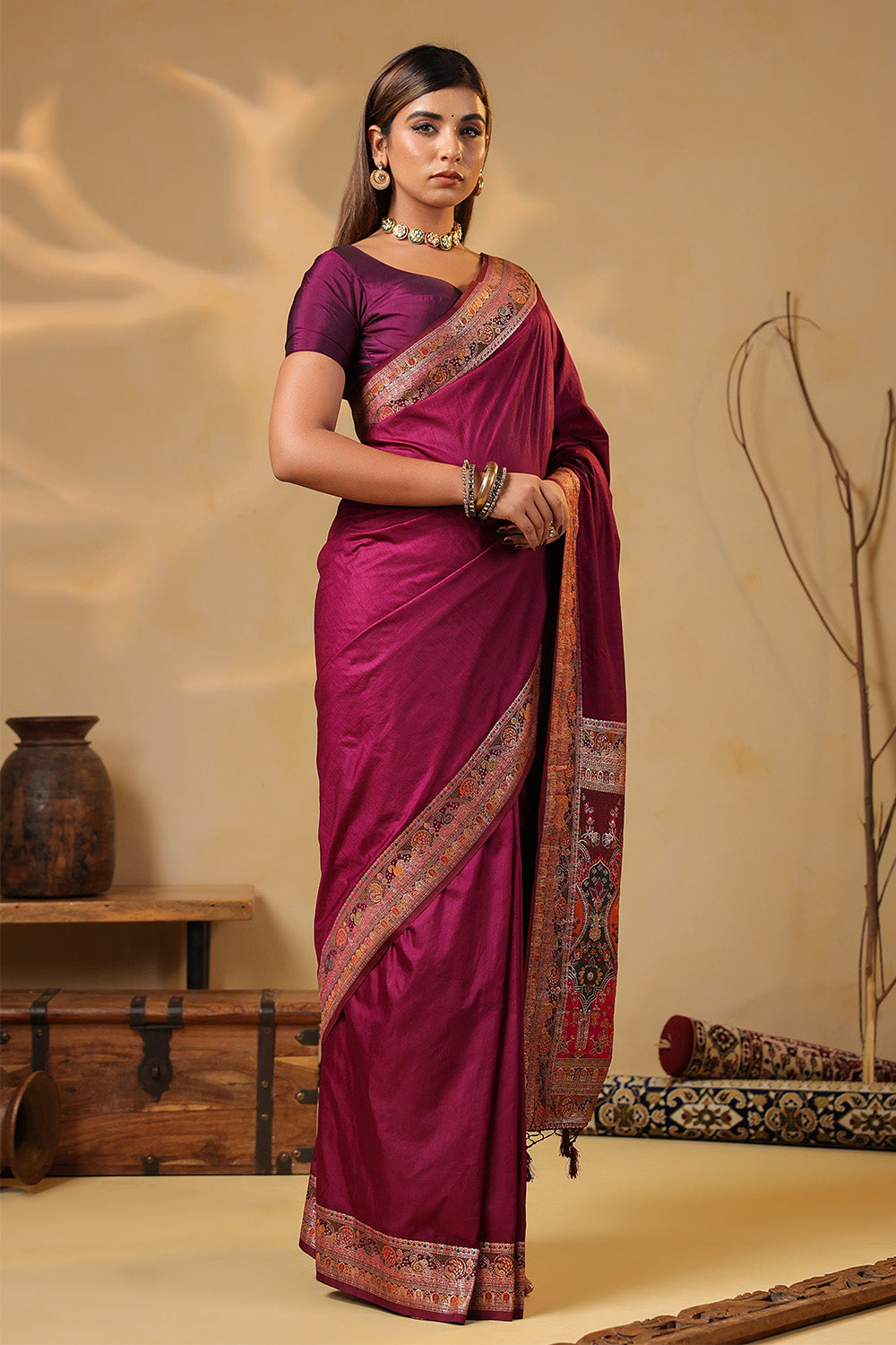 Dark Scarlet Soft Silk Kalamkari Woven Saree