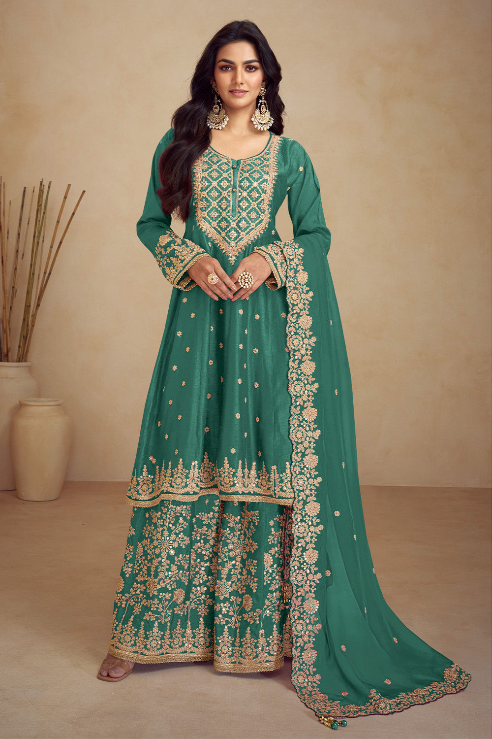 Crepe Embroidered Anarkali Suit With Embroidered Sharara